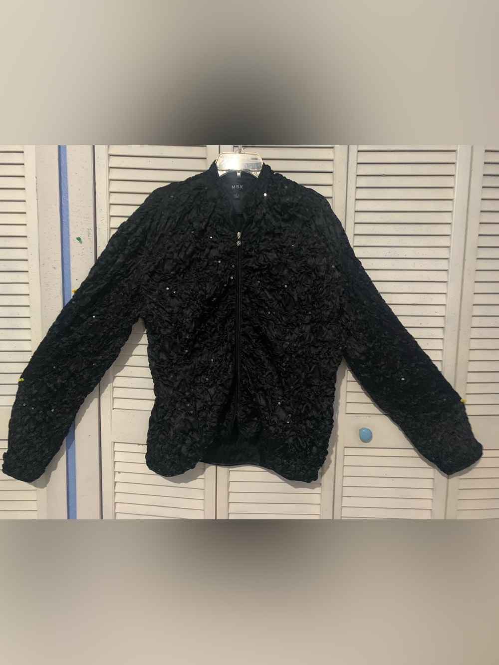 MSK Black Sequin Textured Bomber-Style Jacket Evening Jacket Pucker Satin